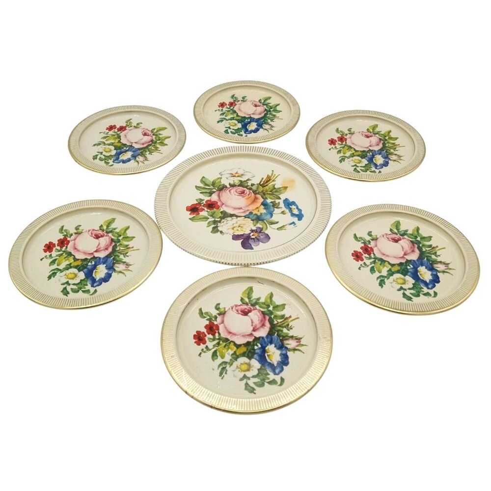 Tin Coasters Vintage Made In Denmark Round Floral Set Of 7 With Gold Trim